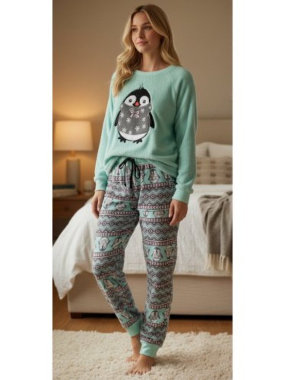 SLEEP & CO Plush Blue-Green Penguin Fleece Pajamas Ladies M Size 8-10